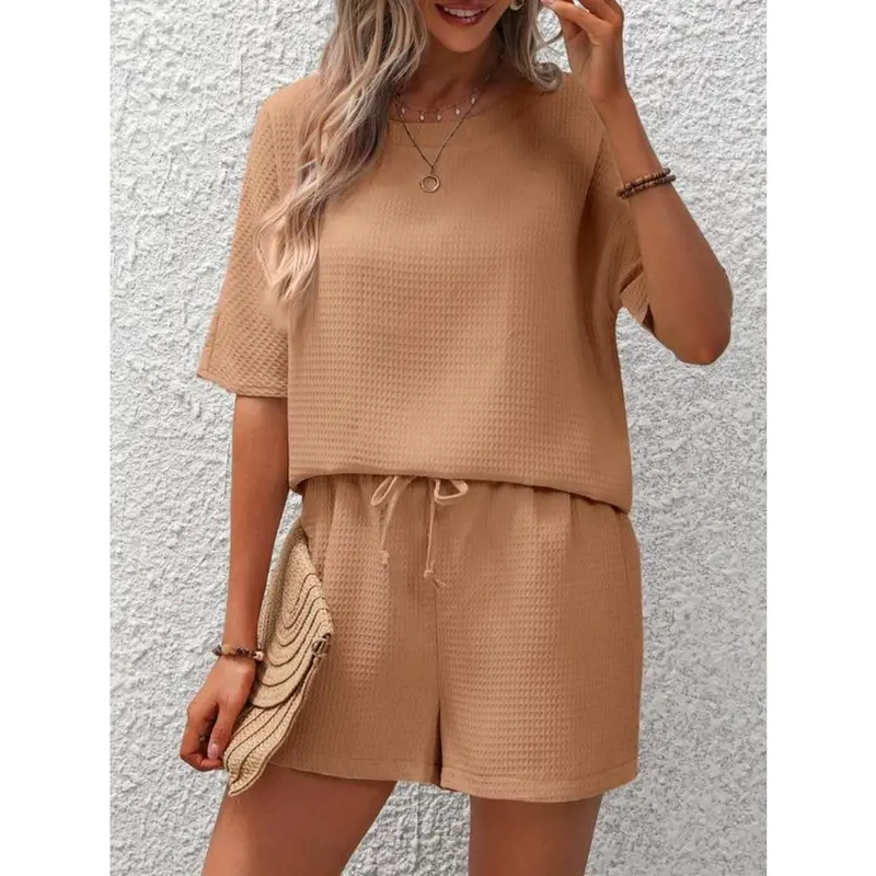 Two-piece Set Women's Plain Waffle Round Neck Oversized T Shirt & Shorts Set, Classy Two Piece Sets, Casual Batwing Sleeve Tops That Hide Stomach & Drawstring Waist Shorts, Two Piece Set, Two Piece Set Women Clothes Womenswear 5