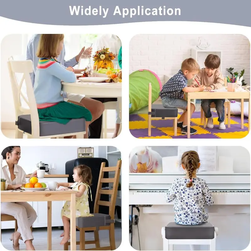 Toddler Booster Seat for Dining Chair, 10cm PU Washable Baby Booster Seat for Dining Table, Table Booster Seat for Toddler with 2 Adjustable Straps, Portable Travel Booster Cushion(Grey) 5