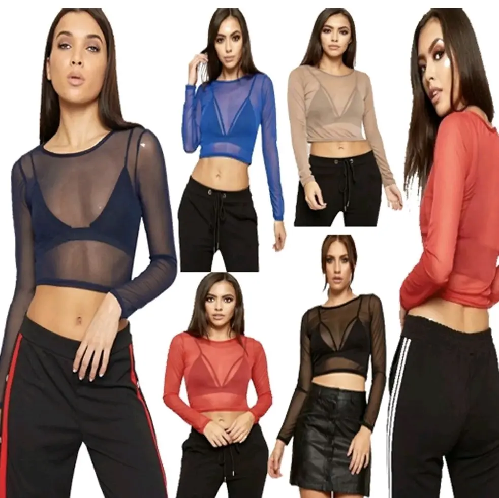 STY Ladies Sheer Mesh Crop Top Womens Long Sleeve Crew Neck Top Womenswear Breathable Comfortable Lightweight Casual Blouse
