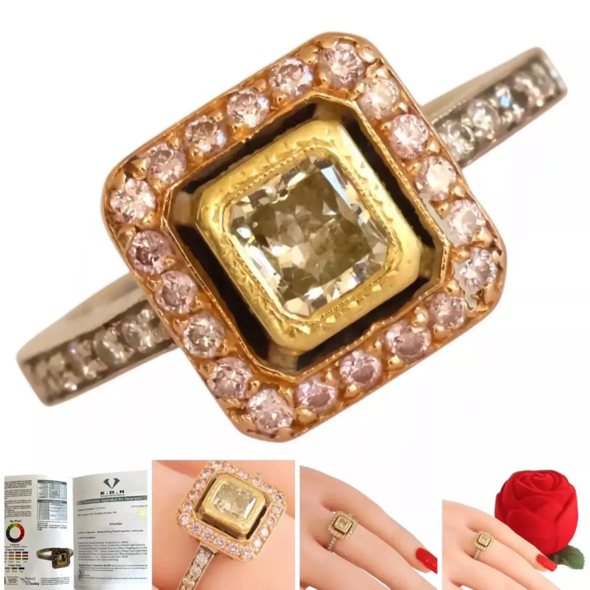18ct Gold Yellow Diamond Ring with Pink Diamonds - Solid 6.9g - Valued at £4,500 - Ring Box Included