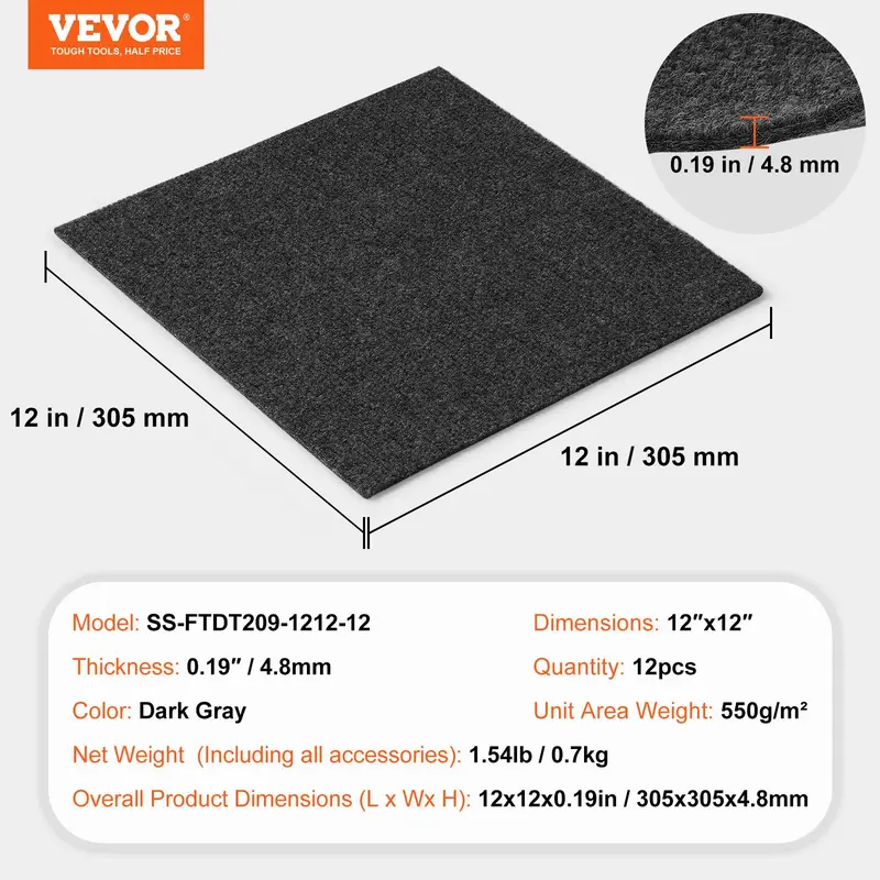VEVOR Carpet Tiles Peel and Stick, 12” x 12” Squares Self Adhesive Carpet Floor Tile, Soft Padded Carpet Tiles, Easy Install DIY for Bedroom Living Room Indoor Outdoor (12 Tiles, Dark Gray) 6