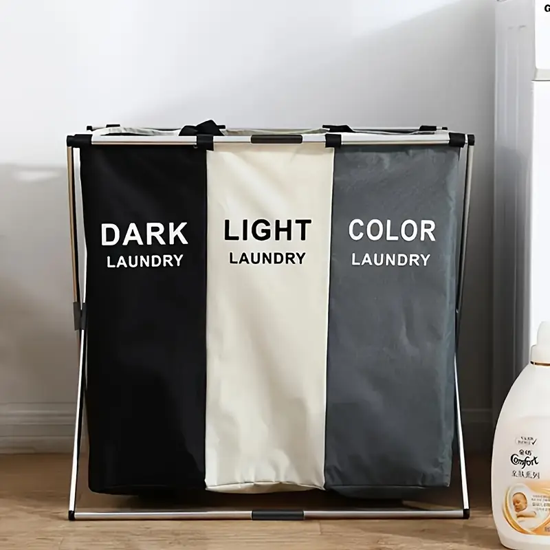 Large Laundry Basket 3 Sections Aluminium Folding Laundry Cloth Basket Oxford Washing Hamper Bin Sorting Storage Bag Light Dark Color 4