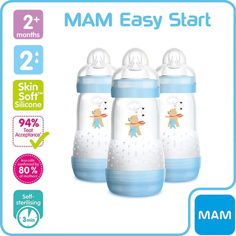 Easy Start Self Sterilising Anti-Colic Baby Bottle Pack of 3 (3 x 260 ml), Anti-Colic Bottle with Medium Flow MAM Teats Size 2, Newborn Essentials, Blue (Designs May Vary) 1