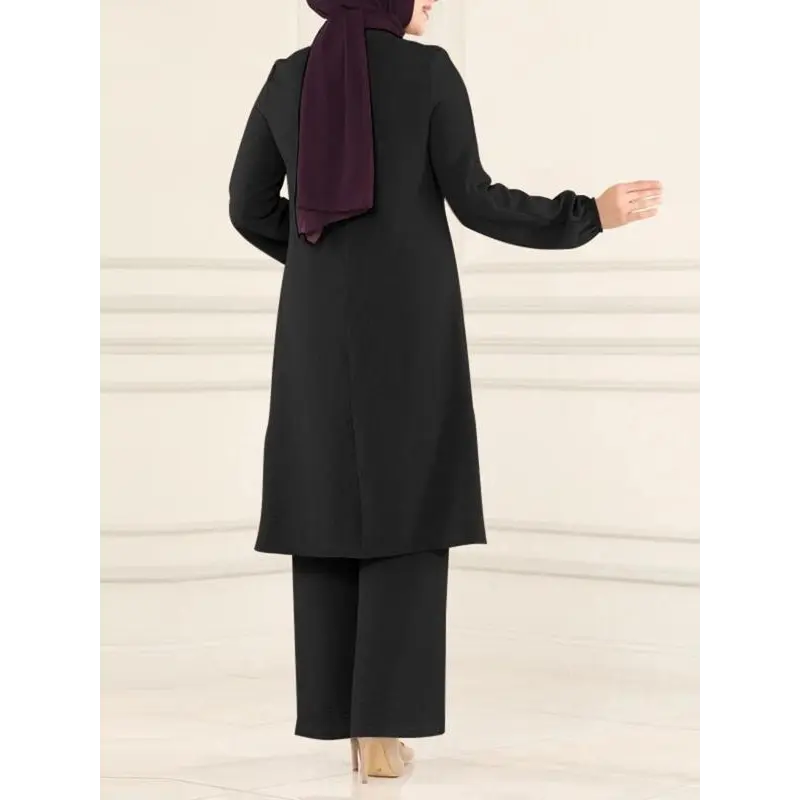 Women's Plain Contrast Sequin Bishop Sleeve Round Neck Top & Wide Leg Pants Islamic Set, Casual Long Sleeve Top & Trousers for Daily Wear, Ladies Islamic Clothing for All Seasons,abaya for women 5