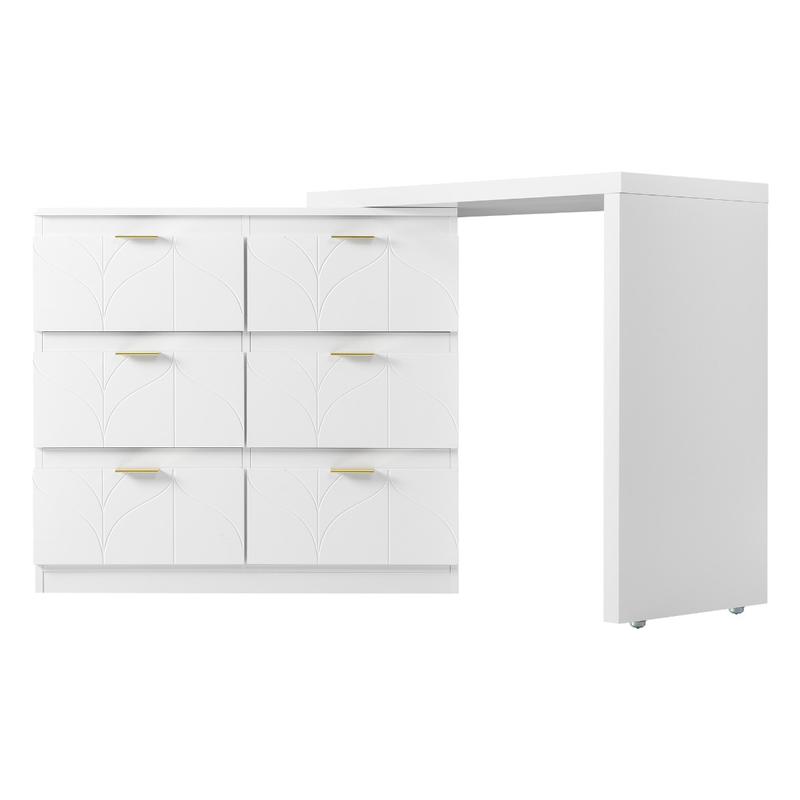 Product Introduction of Dressing Table with Side Table, Bedroom Dressing Tables, Office Table with 6 Drawers, Gold-Plated Handles, Rotating Table Top (180°), Floral Pattern, Shock-Resistant Rounded Corners, White (Without Mirror and Stool) 23