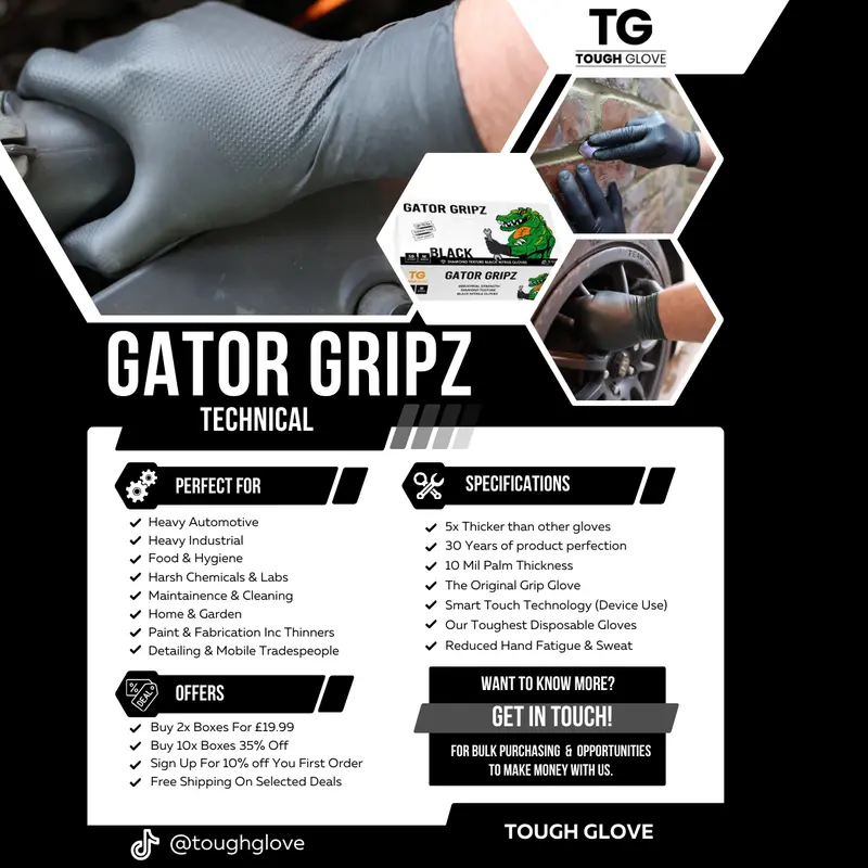 10 Boxes Of BLACK Limited Edition Gator Gripz by Tough Glove - 10 Boxes of 50 Gloves - Super Strong 10 Mil Thick - Black Diamond Grip - Disposable Nitrile Gloves - Latex & Powder Free 2