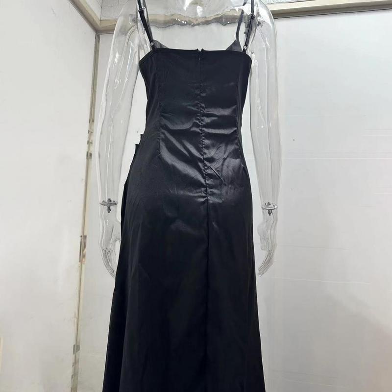 Product Introduction of Summer Women's Sexy Vintage Tulle Long Dress  Spaghetti Strap Satin Pleated Low-cut V Neck High Split dress Party Gown Ball 9