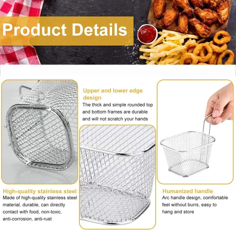 Chip Serving Frying Baskets Mini Chip Baskets with Handle 8Pcs Chef Chrome Fry Basket Set,Stainless Steel French Fry Cooking Tapas Food Presentation Gadget Tool for Shrimps Onion Rings Kitchen Oil Utensils 2