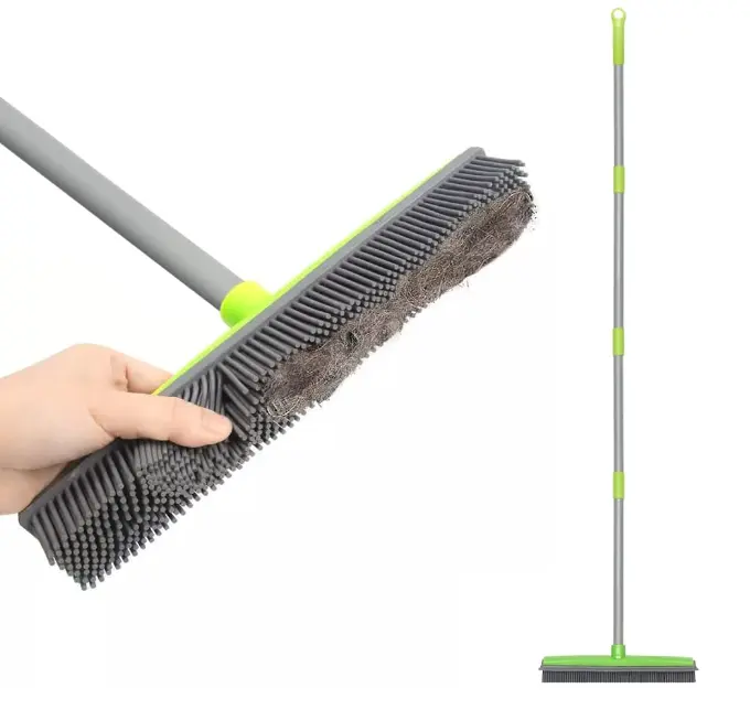 Rubber Broom with Squeegee, Carpet Broom with 59 inch Long Handle, Pet Hair Removal Broom, Rubber Sweeping Brush for Dust, Hard Floors, Windows, Non-Scratch, Outdoor/Indoor Broom Cleaning Smooth 0