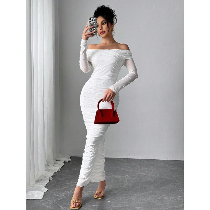 Firerie Women's Elegant White Open Shoulder Pearl Decor Ruched Slim Fit Maxi Dress, Graceful And Romantic For Party, Valentine's Day Fabric Formal 7