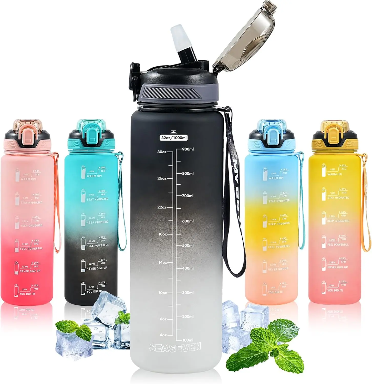 1L Water Bottle with Straw,Plastic Drinks Bottle,1 Litre Sports Water Bottles with Time Markings,Girls Boys Waterbottle Leak-Proof & Bpa-Free for Gym,Cycling, Office, Outdoor Drinkware Reusable Stylish Resistance Tumbler Bottled