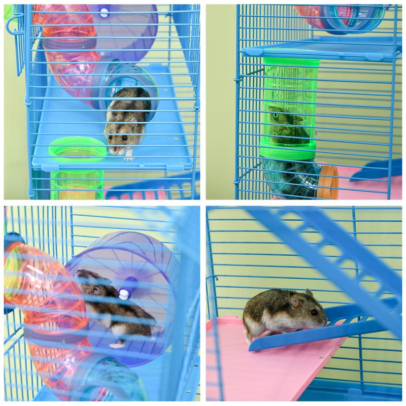 PawHut 5 Tier Hamster Cage Carrier Habitat with Exercise Wheels Tunnel Tube Water Bottle Dishes House Ladder for Dwarf Mice, Blue 7