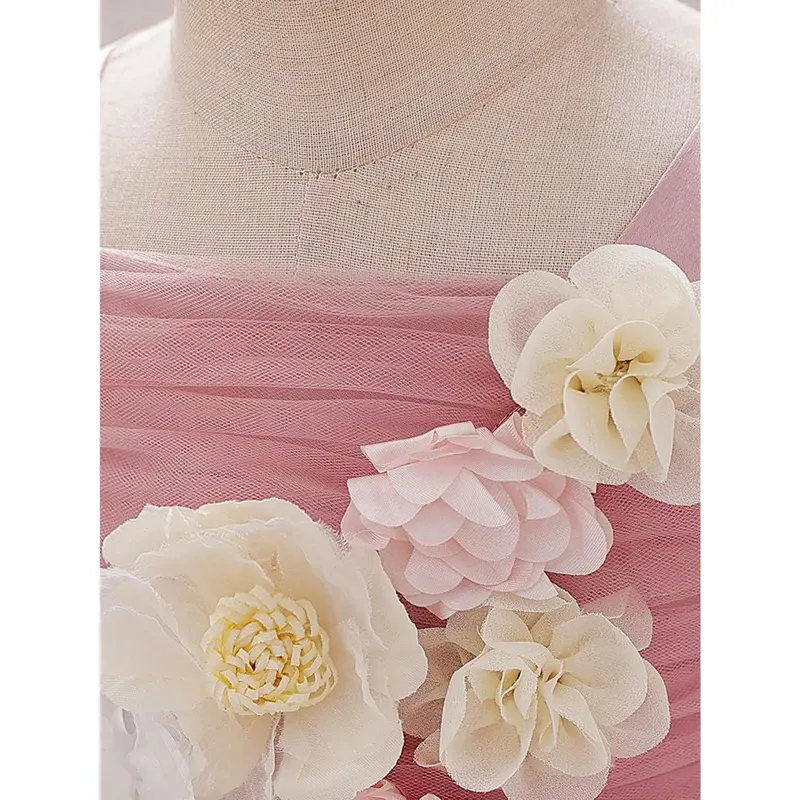 Baby Girl Wide Shoulder Floral 3D Mesh Flower Girl Wedding Party Birthday Princess Dress, Suitable For Formal Events And Outings 3