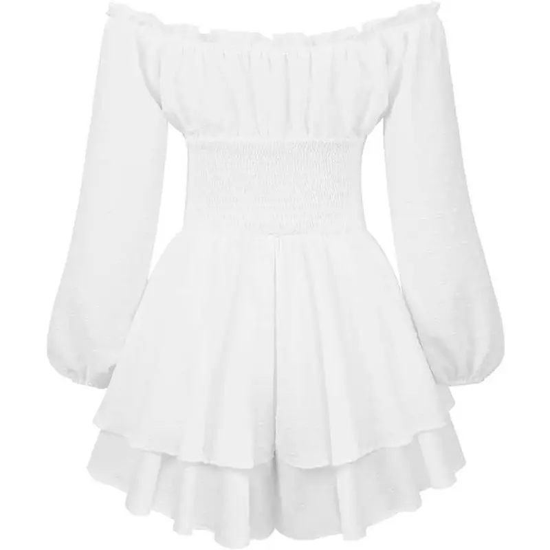 Valentine's Day Women's Chic Swiss Dot Frill Trim Shirred Bishop Sleeve Romper, Galentine Party Outfit, Elegant Valentine's Day Style Square Neck Romper for Spring & Fall, Valentine's Day Outfit, Valentine's Day Gift for Girlfriend or Wife 8