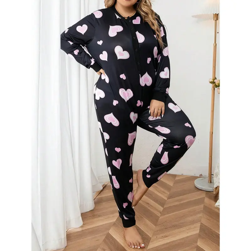 Plus Heart Print Sleep Jumpsuit, Pajama Jumpsuit Fit Long Sleeve 2