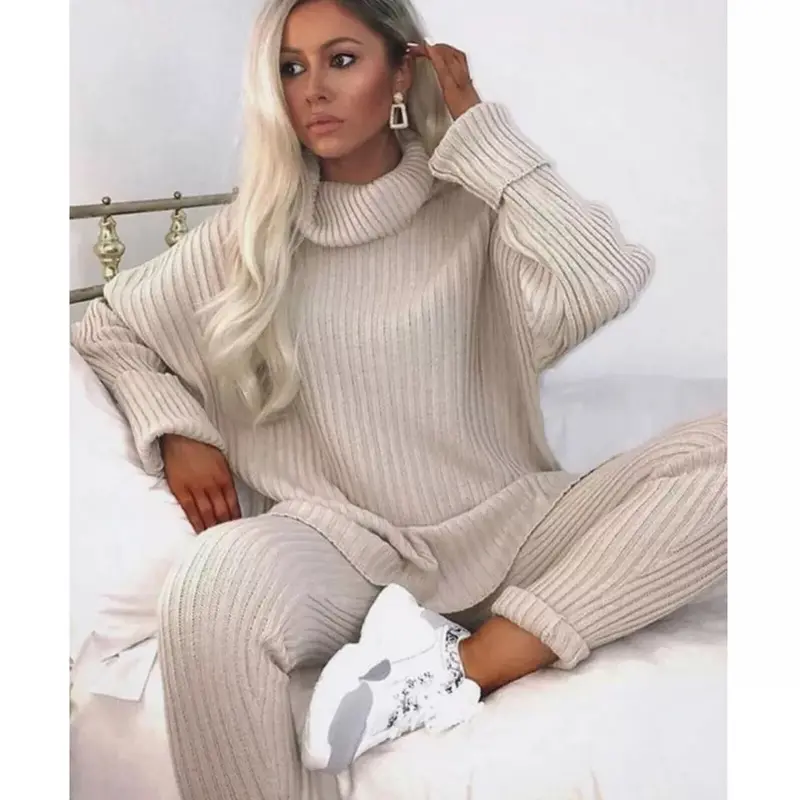 Ladies Chunky Knitted Loungewear Ladies Polo High Neck Top Leggings Suit Womenswear Overalls Underwear Lady Women Comfort Basic Long Sleeve Minimalist Chic Comfortable 7