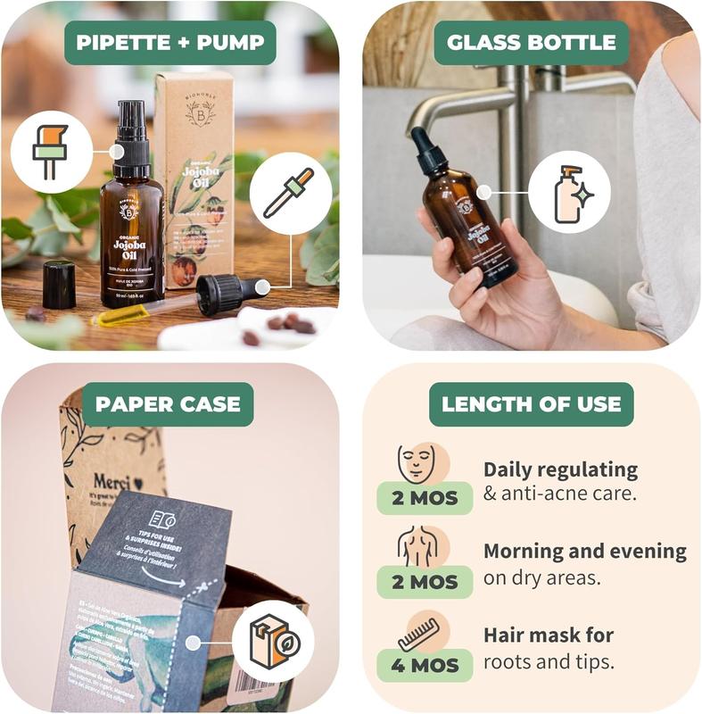Bionoble Organic Jojoba Oil 50ml - 100% Pure, Natural and Cold Pressed - Face, Body, Hair, Beard, Nails - Vegan and Cruelty Free - Glass Bottle + Pipette + Pump Daily Evening 3