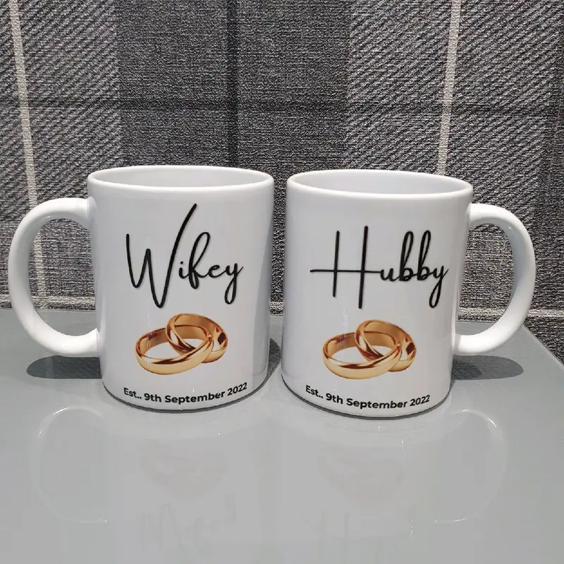 CUSTOMISED HUBBY  AND WIFEY MATCHING MUGS PERFECT FOR ANNIVERSARY OR WEDDING GIFT, personalised with name or date, various designs available 7