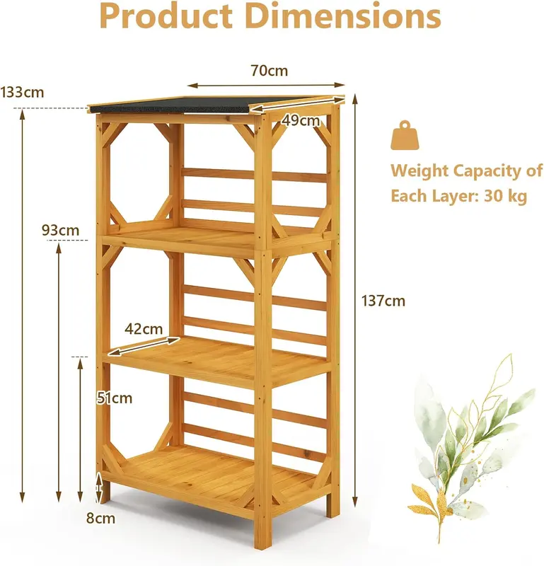 COSTWAY 3-Tier Outdoor Wooden Storage Shelf, 137cm Tall Plant Stand Rack with with Weatherproof Asphalt Roof, Garden Utility Tool Organizer for Patio Balcony, Hold up to 90kg 2