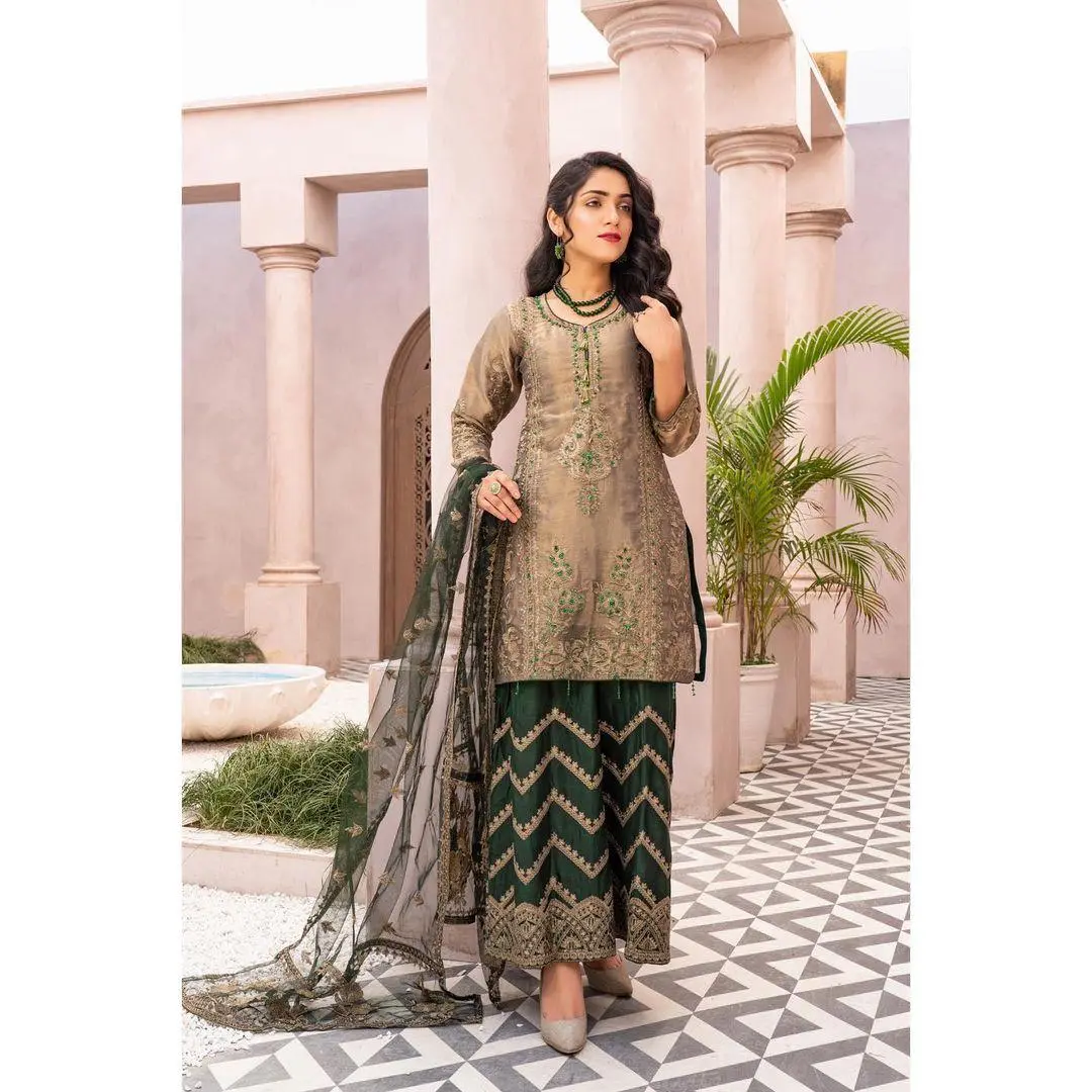 |PD-1000-3 Green | 3 Piece Ready To Wear Masoori Embroidered Short Dress With Plazo By Pehnawa Fashion -Green Traditional Elegant Suit