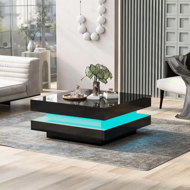 BTM Luxury Modern Furniture  70x70x36 cm Black Square High Gloss Coffee Table with 360° Rotating Top, Tea Table with 16-Color LED light 6