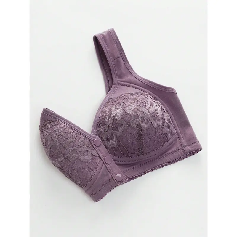 3pcs Set Front Button Closure Wireless Bra, Comfortable & Breathable Ladies Lingerie Lace Womenswear Comfy Basic Minimalist 7