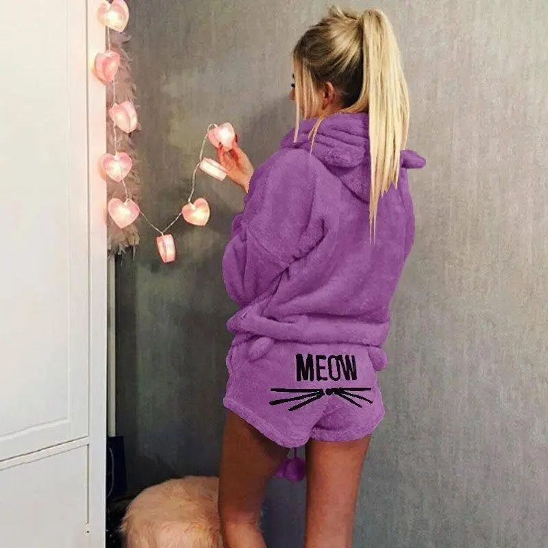 Women Coral Velvet Pajamas Set Autumn Winter Warm Pajamas Two Piece Set Sleepwear Cute Cat Meow Pattern Hoodies Shorts Set Loungewear Womenswear 4