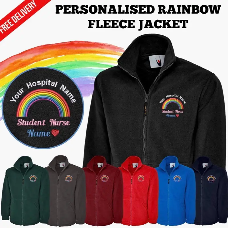 Rainbow Personalised Embroidered Fleece Jacket Unisex Healthcare Uniform