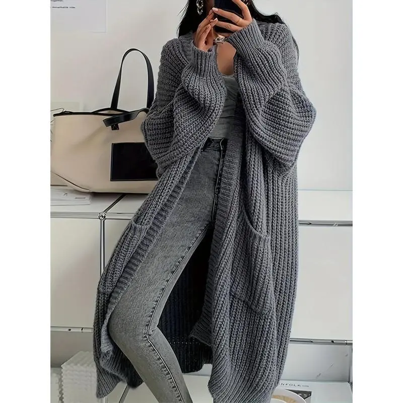 Solid open front cardigan casual long sleeve drop shoulder long length outwear WOMEN'S clothing