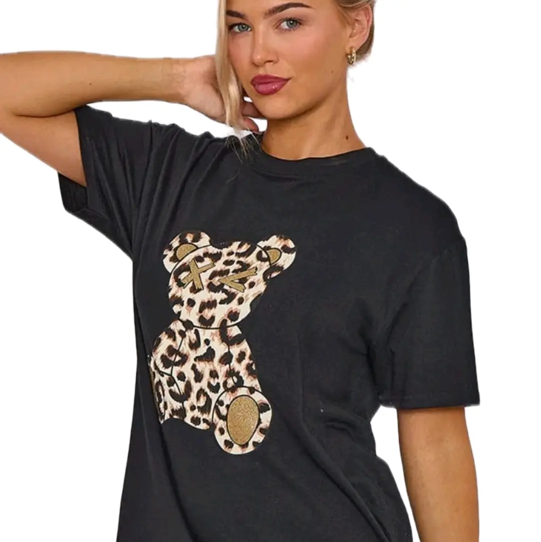 Womens Ladies Short Sleeve Leopard Teddy Graphic Round Neck Oversized T-Shirt Top Clothing Womenswear Comfortable Tshirt Streetwear women's shirts midsize