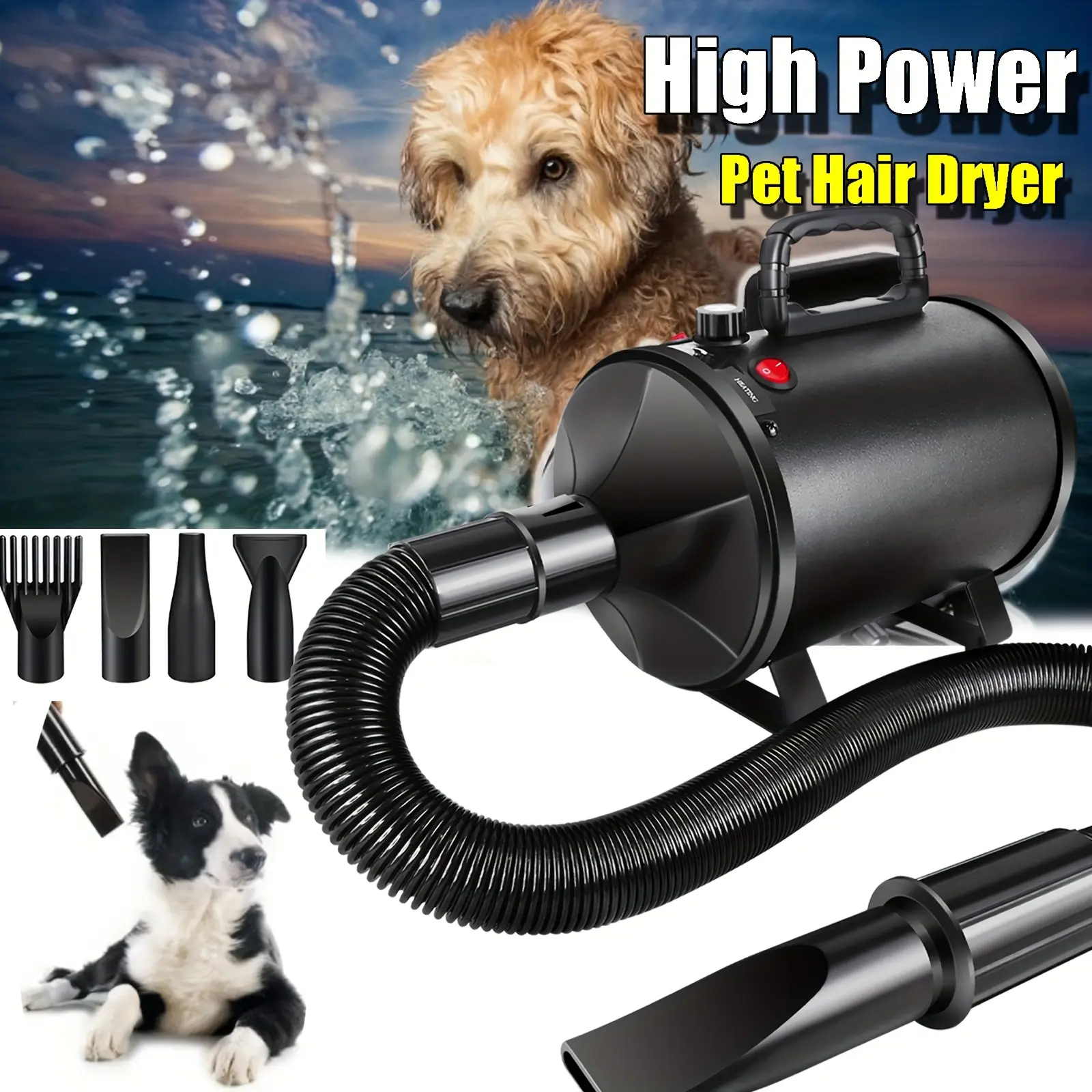 Dog Hair Dryer, 2800W Pet Grooming Hair Dryer, Stepless Speed Blaster Dryer, High Velocity Pet Dryer Blower + 4 Different Nozzles, Hair Dryer For Dogs Pets -- Motorcycle Vechicle Dryer And Duster For Detailing, Dry And Dust Inaccessible Areas, Without Bat