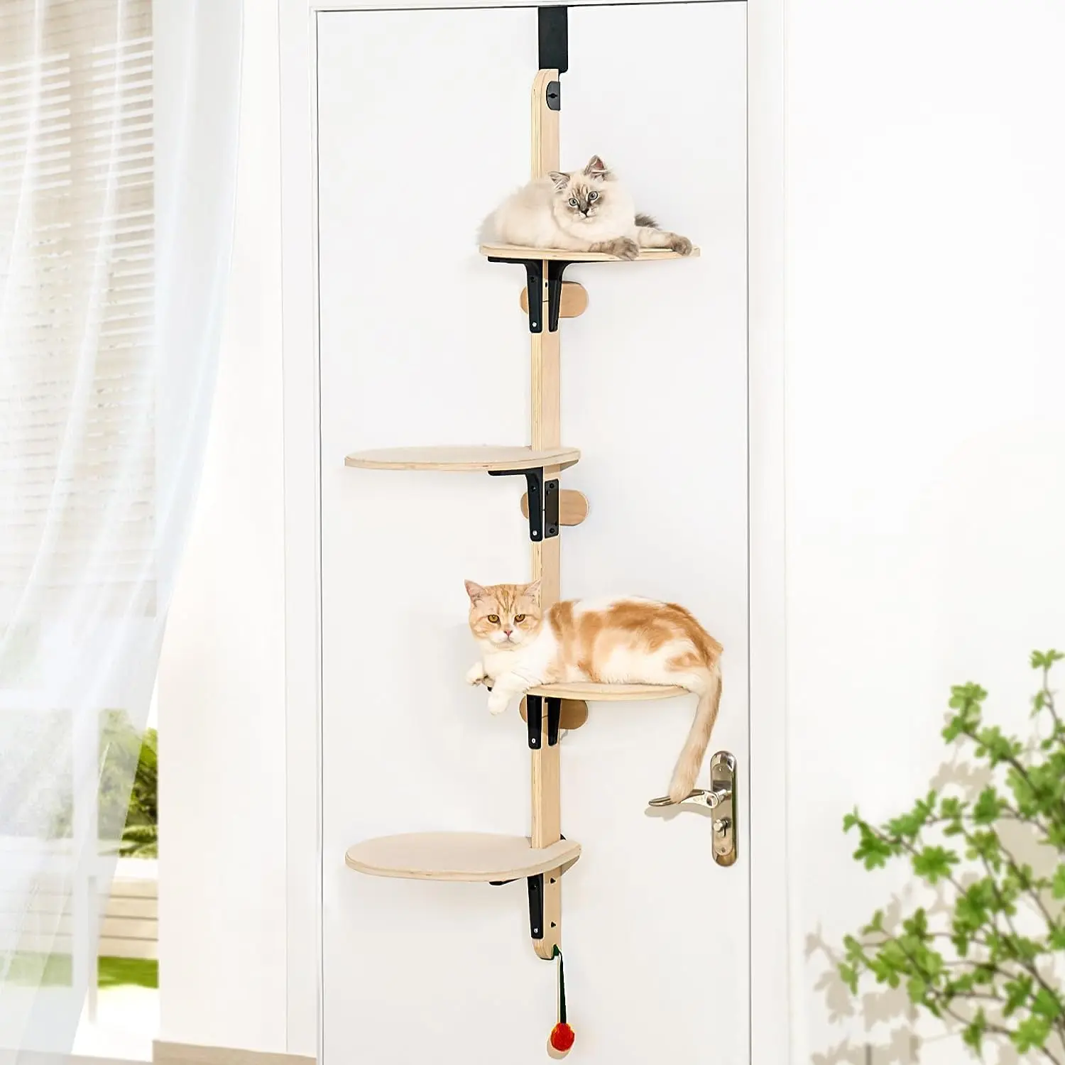MEWOOFUN 4-Levels Versatile Cat Climber Shelves Wooden Vertical Cats Board Shelf Hanging On Door, Steady Cat Tree Tower Cat Climb Furniture with Carpeted Plank for Indoor Cats,166x64.5x30cm
