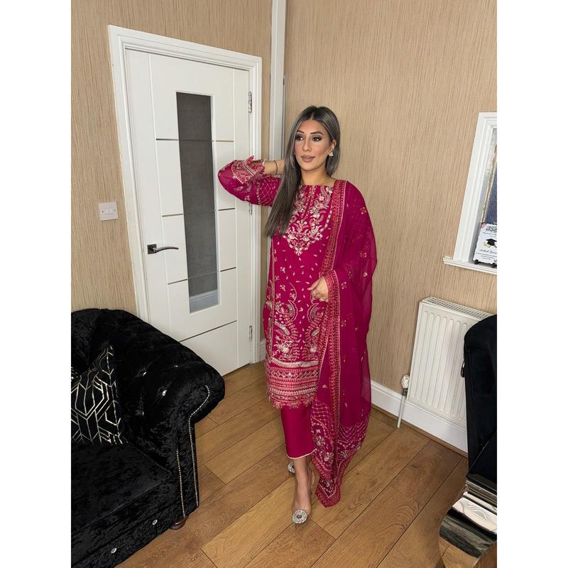 3pc SOLID PINK Embroidered Shalwar Kameez wit Net dupatta Stitched Suit Ready to wear HW-UQ2222 2