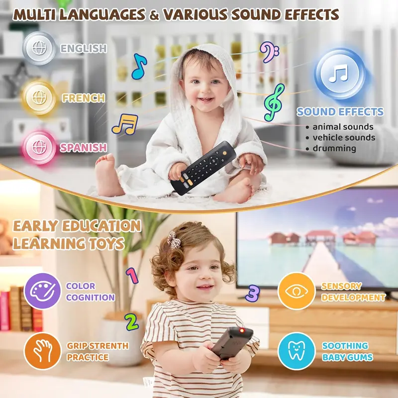 TV Remote Toy - Realistic Play Remote toy with Lights and Sounds, 3 Languages (English, Spanish & French), Learning Musical Toys, Preschool Infant Boys Girls Toys Gift for 1 2 Year Old, Black 4
