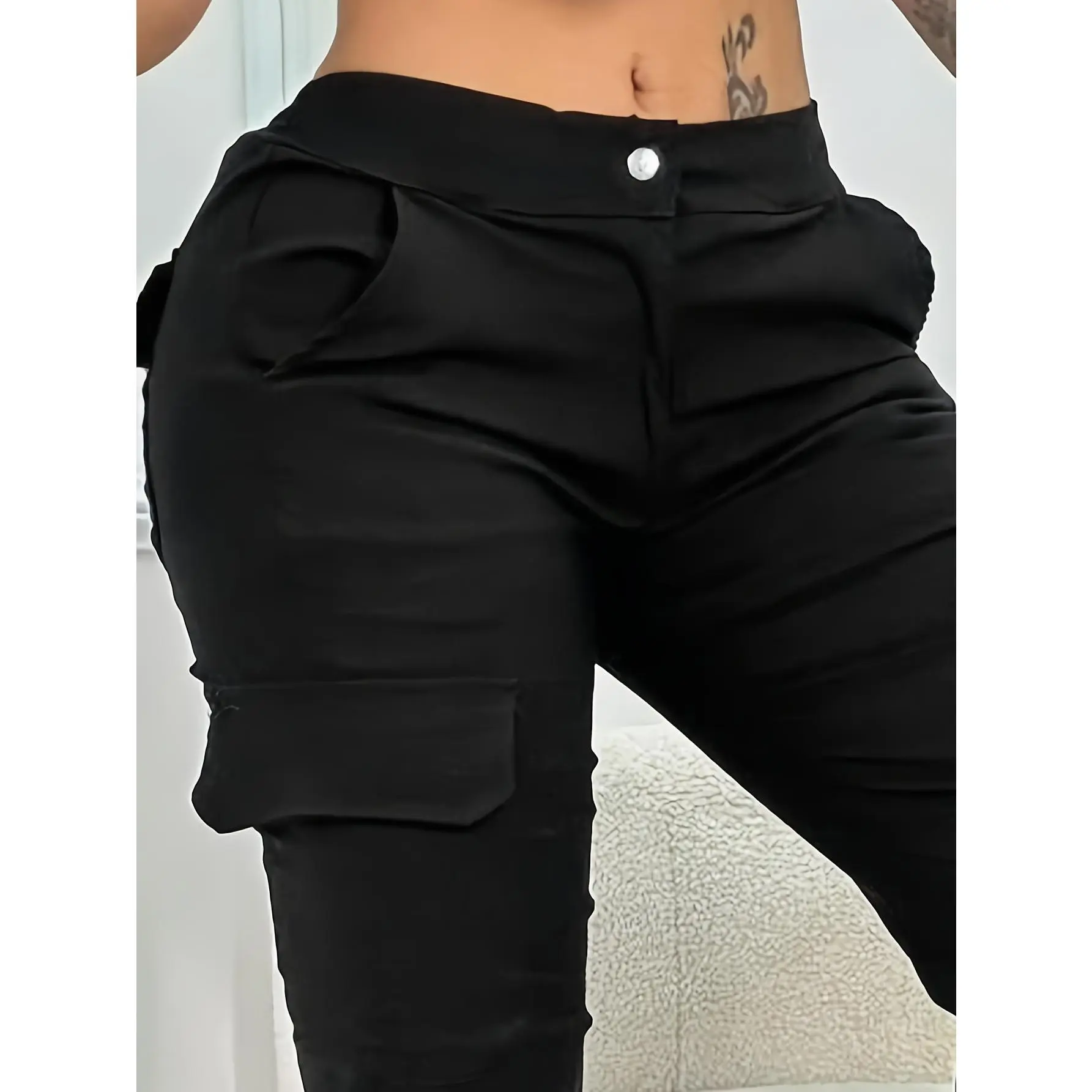 Women'S Casual Cargo Jogger Pants, 100% Polyester, Solid Color, All-Season, Woven Fabric, 150g/m², with Pockets, Perfect for Adult - Olive Green