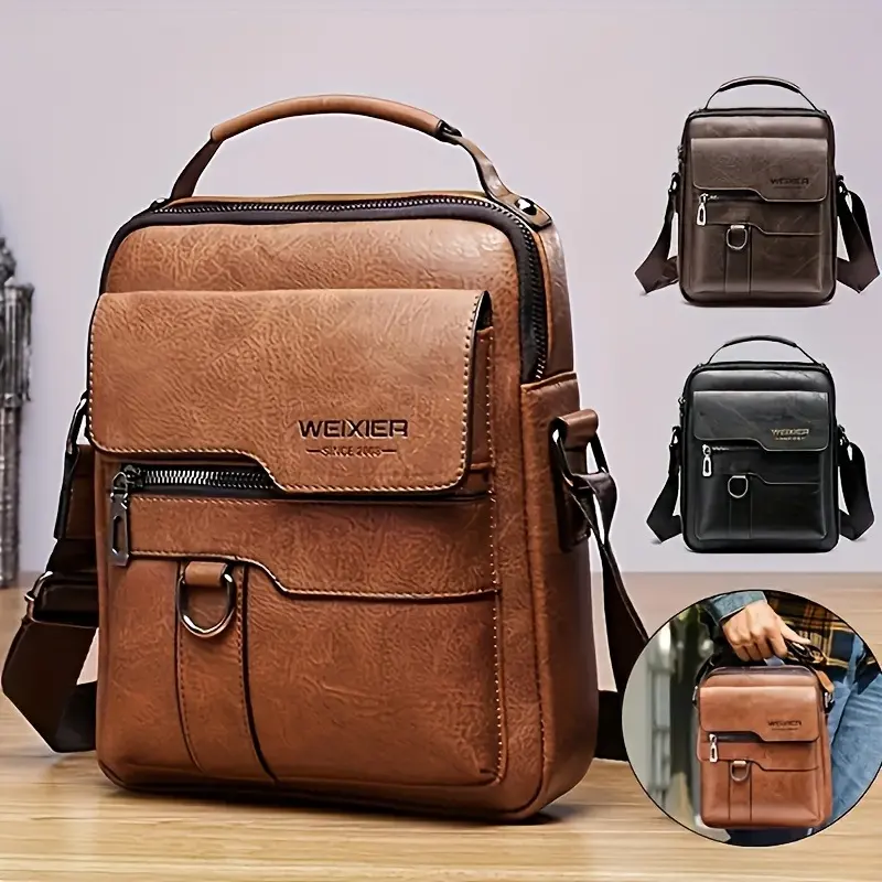 WEIXIER Casual Crossbody Bag - Sleek Multi-Pocket Shoulder Bag for Commuting, Square Handbag in Brown & Black, Durable PU with Polyester Lining, Zip Closure, Purse Crossbody