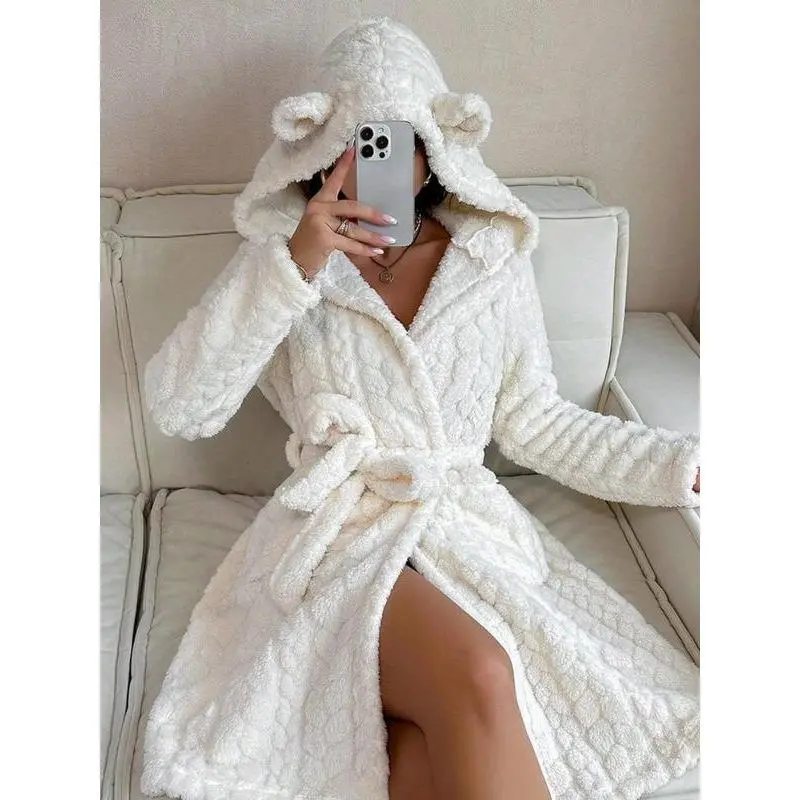Women's Solid Color Pocket Belted Hooded Fuzzy Bathrobe, Casual Long Sleeve Warm Dressing Gown, Ladies Sleepwear for Fall & Winter 3