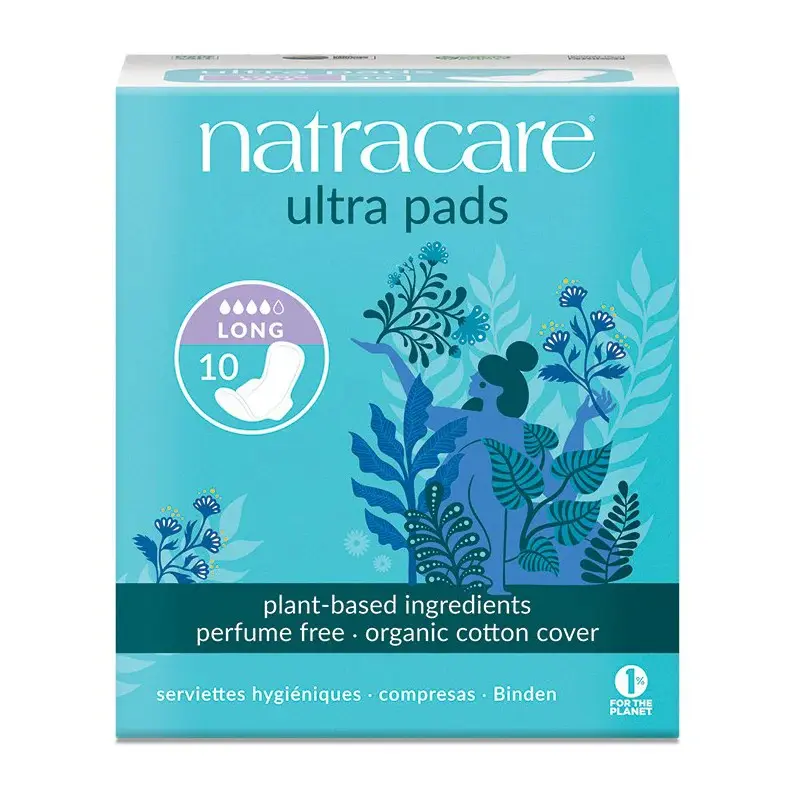 Natracare Ultra Pads Long With Wings - Organic Cotton Cover - Plant-Based Pads for Overnight