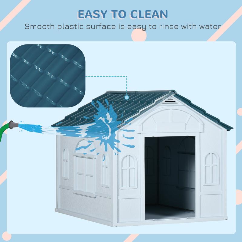 PawHut Plastic Weather-Resistant Dog House, for Indoors and Outdoors, Medium Dogs - White and Blue 4
