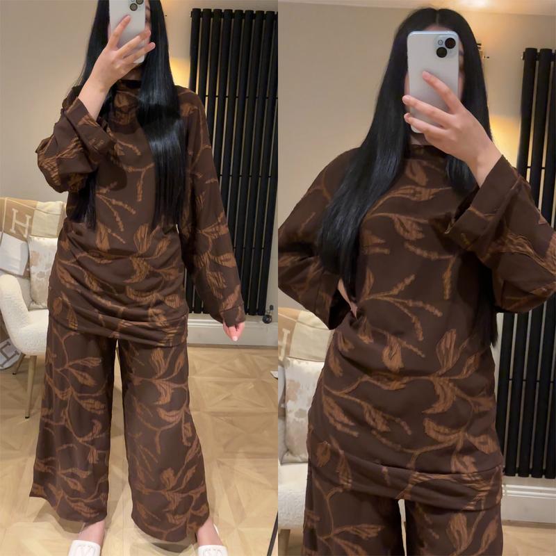Product Introduction of Ladies Leaf Embroidered Two Piece Co-Ord Set Womens Floral Embossed Chic Elegance Crew Neck Top With Wide Leg Trousers Suit Womenswear Printed Modest Clothing Everyday Summer Vacation Wear Comfort Suit Long Sleeve 12
