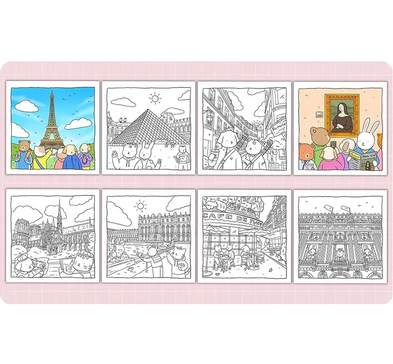 Fuzzy Pals Love Paris: Cute & Cozy Easter Coloring Book for Adults & Teens Featuring Adorable Animal Characters in the Heart of France 2