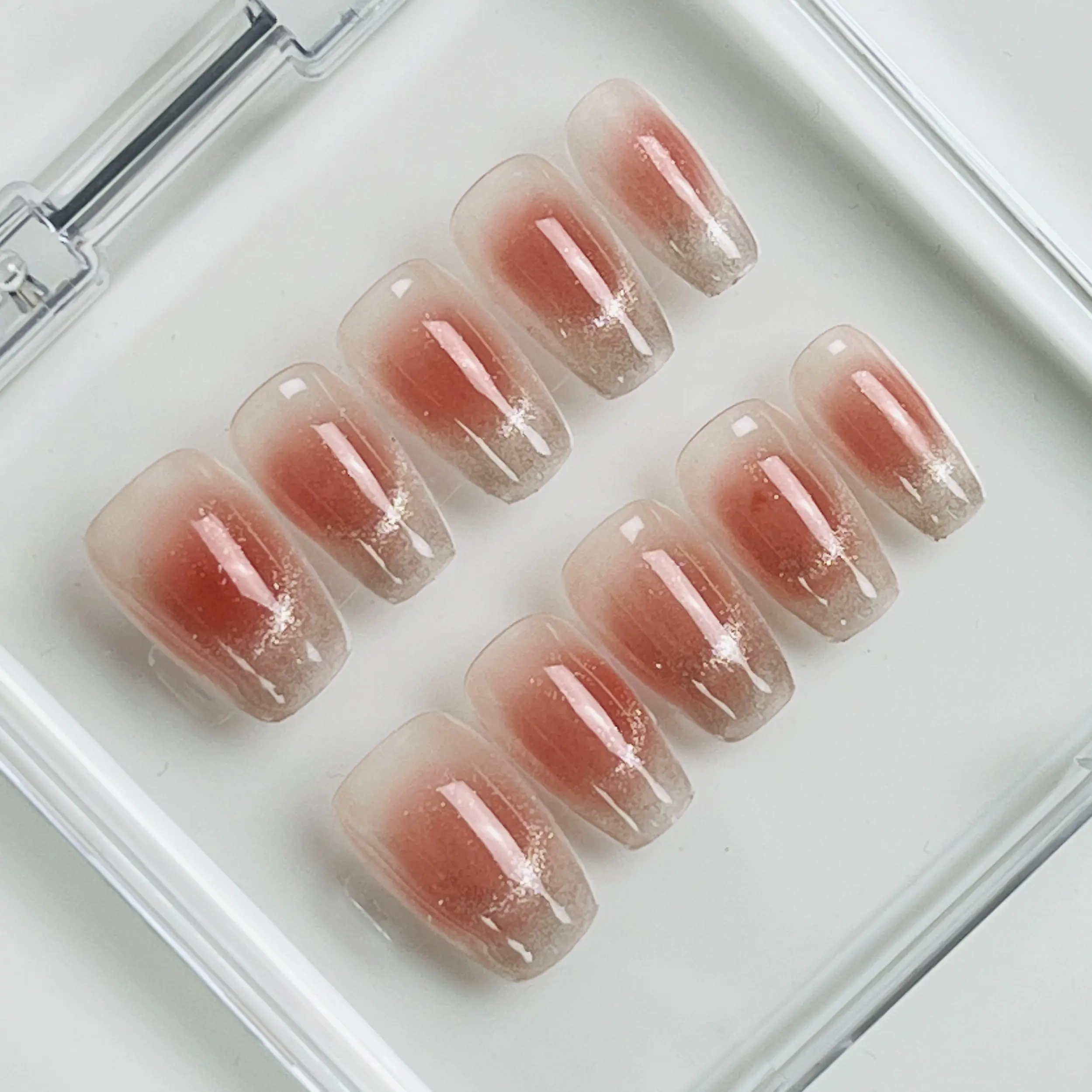 K44**Rosé Blush** - Handmade Press On Nails, Cat Eyes, Salon Acrylic Gel Quality, 10pcs, False Nails, Short Coffin, Good Quality, Long Lasting- Perfect for Christmas Gifts, Holiday, Vacation and Nail Art By Illuminails