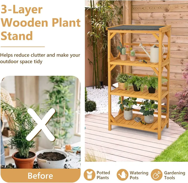 COSTWAY 3-Tier Outdoor Wooden Storage Shelf, 137cm Tall Plant Stand Rack with with Weatherproof Asphalt Roof, Garden Utility Tool Organizer for Patio Balcony, Hold up to 90kg 3