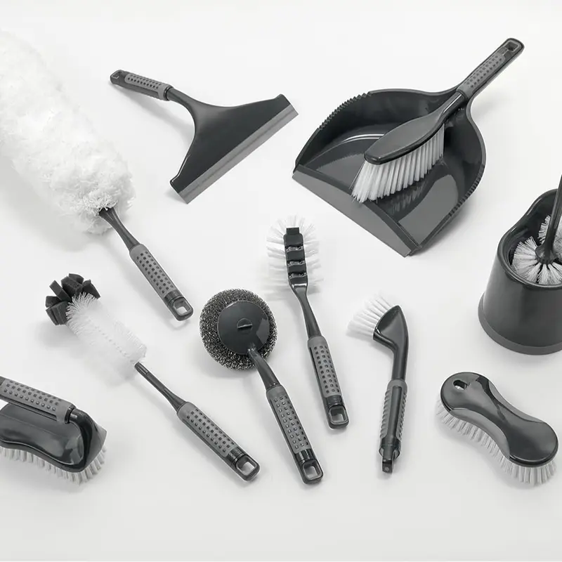 ComfiGrip Dustpan and Brush with Rubber Lip and Dirt-trapping Bristles, Metallic Graphite, 11 x 23 x 35 cm Cleaning Set Comfortable Plastic Pack 3