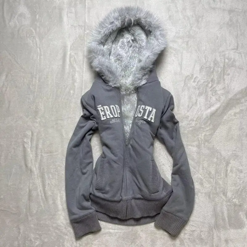 American original gray velvet thickened hooded sweatshirt jacket for women retro slim hottie design warm zipper jacket