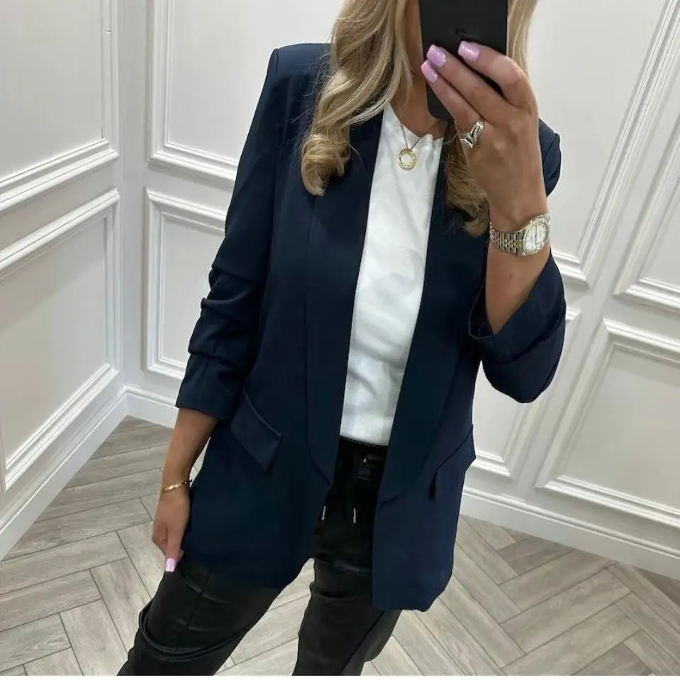 Women's Ruched Sleeve Plain Blazer Top Ladies Lapel Lined Office Formal Collared Jacket Coat