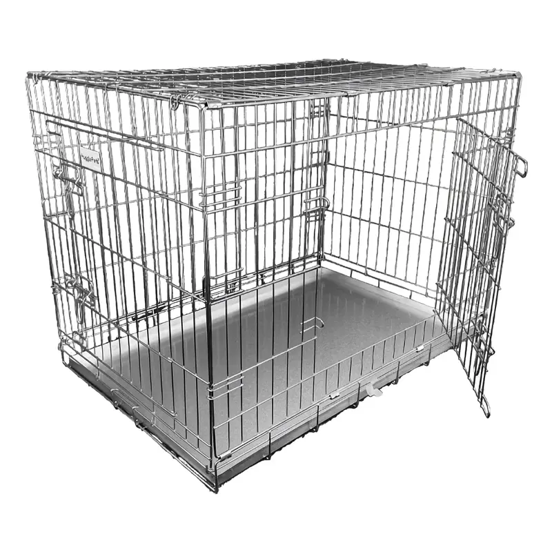 HugglePets Silver Metal Dog Puppy Cage Foldable Small 61cm Dual Door with Locks, Car Home and Travel Crate 0