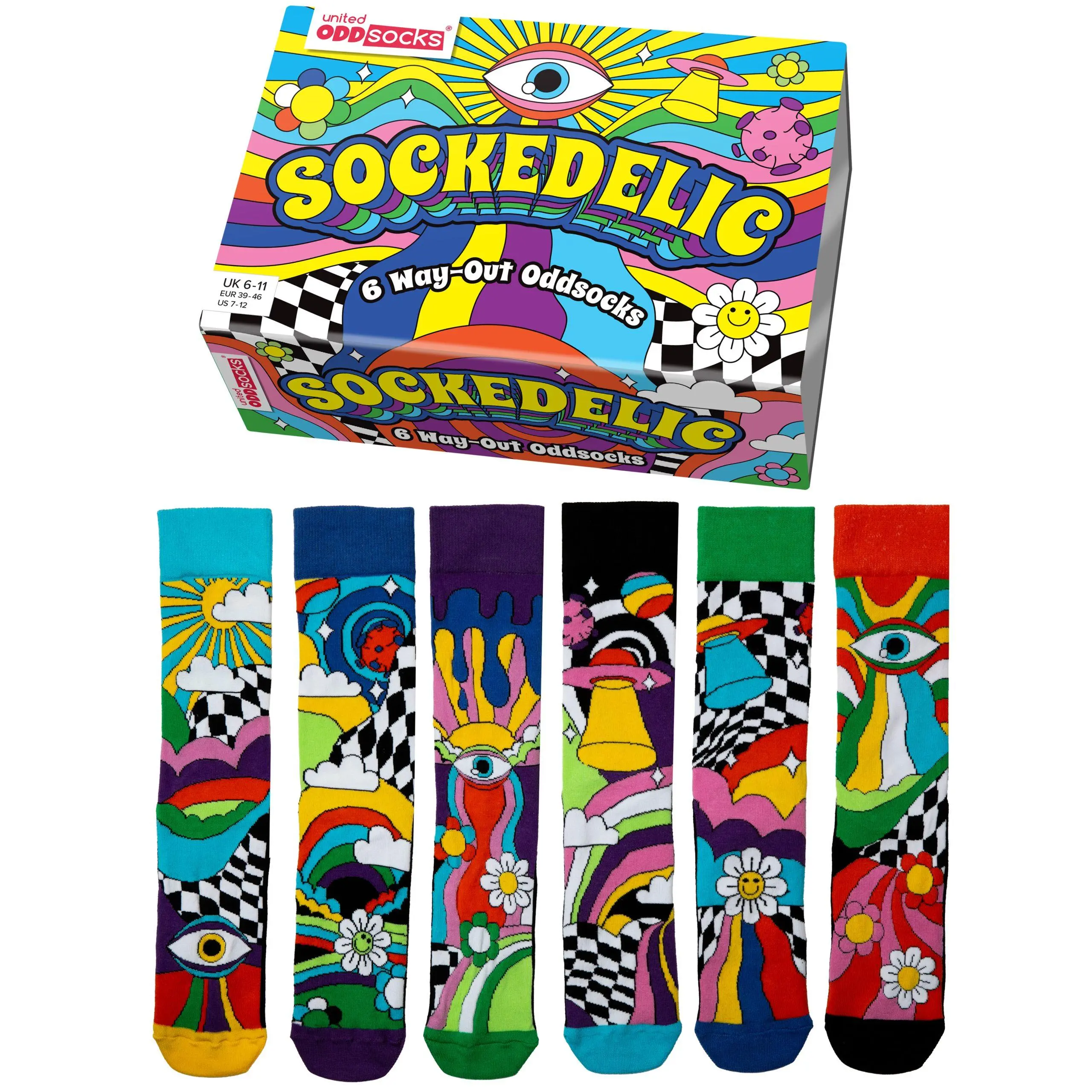 United Oddsocks Sockedelic - Box Of 6 Colourful Mix & Mis Match Way Out Socks For Uk 6-11 | Eur 39-46 | Us 7-12. Fun And Quirky Birthday, Christmas, Father'S Day Novelty Gift For Men Cotton Menswear