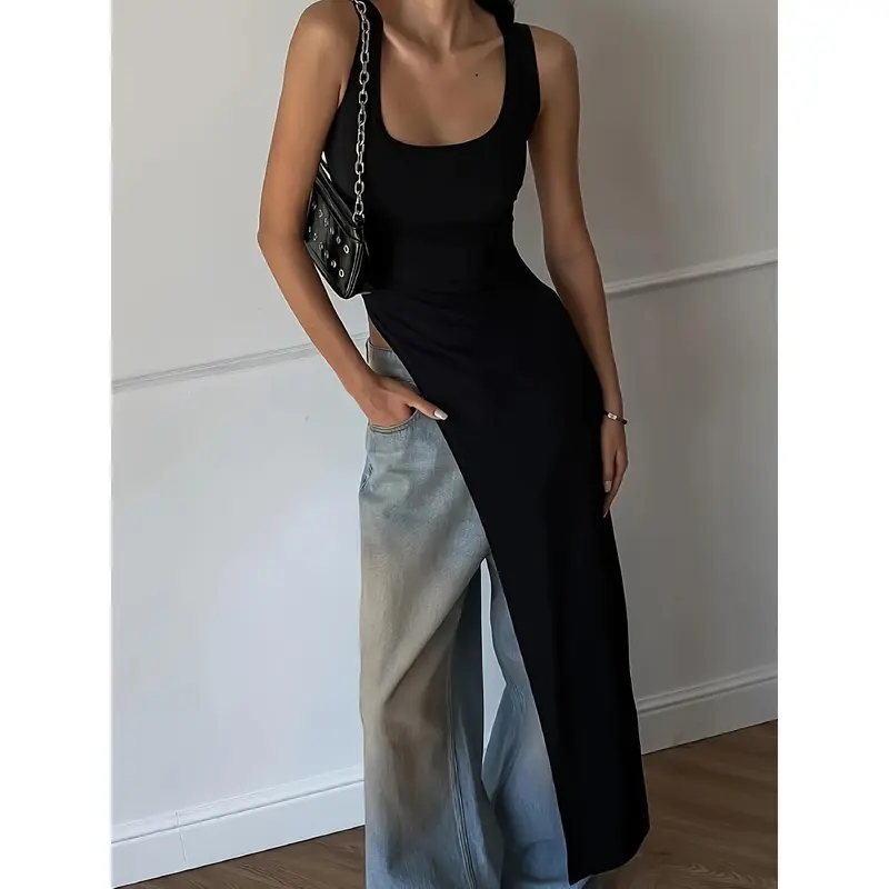 Solid Color Scoop Neck Top, Sexy Asymmetrical Hem Sleeveless Top For Spring & Summer, Women's Clothing 0