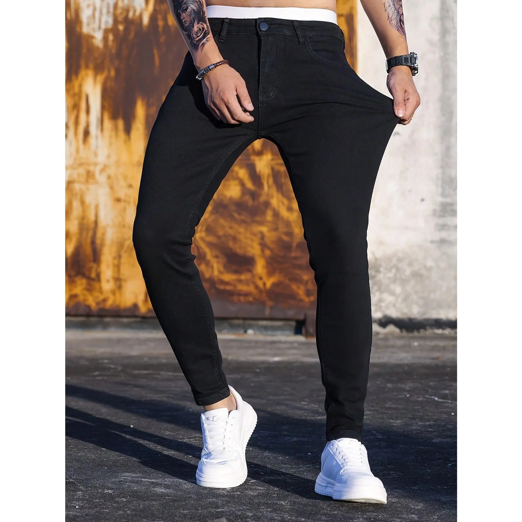 Men's Cotton Diagonal Pocket Black Jeans Stretch Slim Straight Denim Trousers Solid Color Retro Street Casual Simple And Versatile Menswear Pants